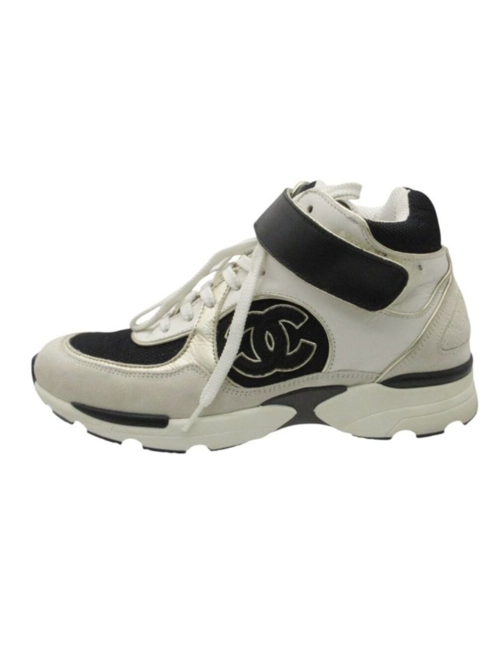 Chanel Sneakers CC Logo High Cut Shoes Velcro Mesh Suede Rubber Sole White